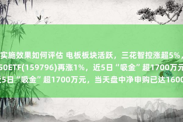 实施效果如何评估 电板板块活跃，三花智控涨超5%，同类范围最大的电板50ETF(159796)再涨1%，近5日“吸金”超1700万元，当天盘中净申购已达1600万份！